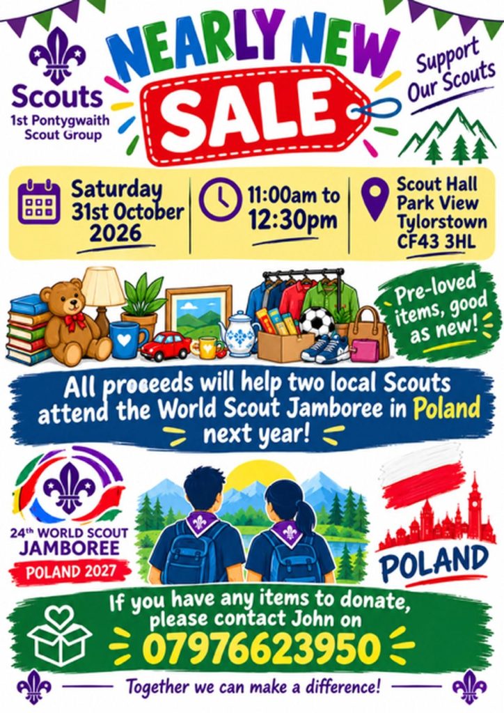 Nearly New Sale October 31 to raise funds to send two scouts to the 24th World Jamboree in Poland in 2027.

11am to 1230pm October 31 at the scout hall.